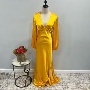 Mac Duggal Marigold Charmeuse Empire Waist Blouson Long Sleeve Gown - Reemoly